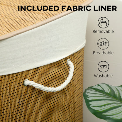 HOMCOM 3 Section Laundry Basket with Lid, 144L Bamboo Laundry Hamper with Handles, Removable and Washable Liner, Brown