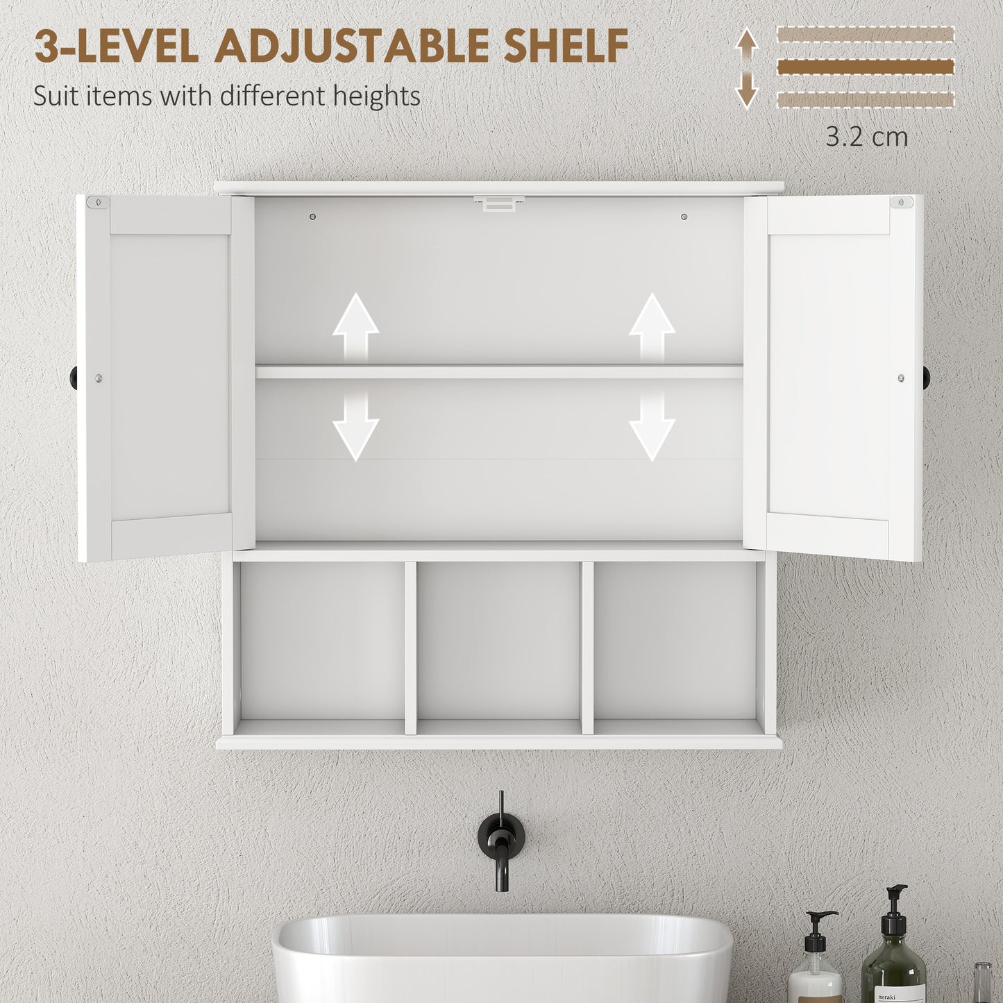 HOMCOM Farmhouse Bathroom Wall Cabinet, Wall Mounted Medicine Cabinet with Adjustable Shelf, Open Compartments, White
