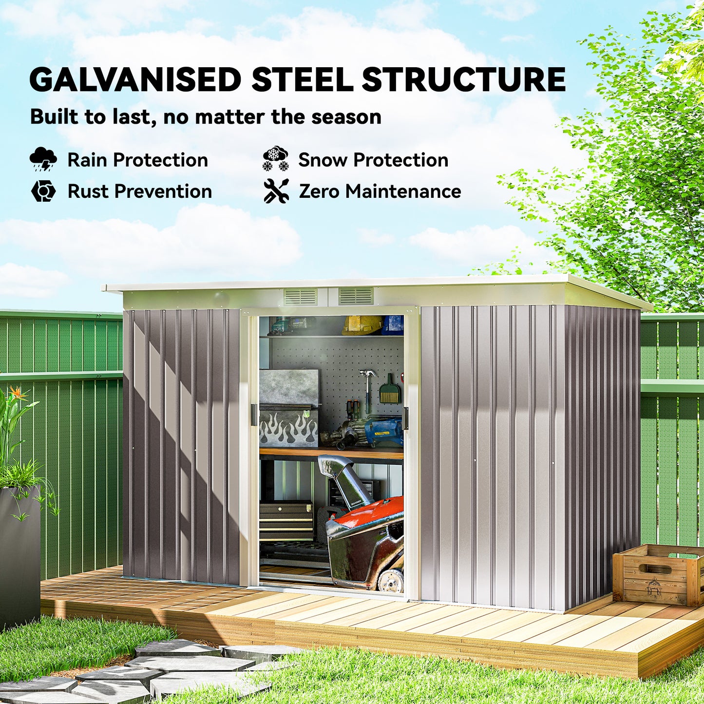 Outsunny Corrugated Garden Metal Storage Shed Outdoor Equipment Tool Box with Kit Ventilation Doors 9x 4FT Light Grey