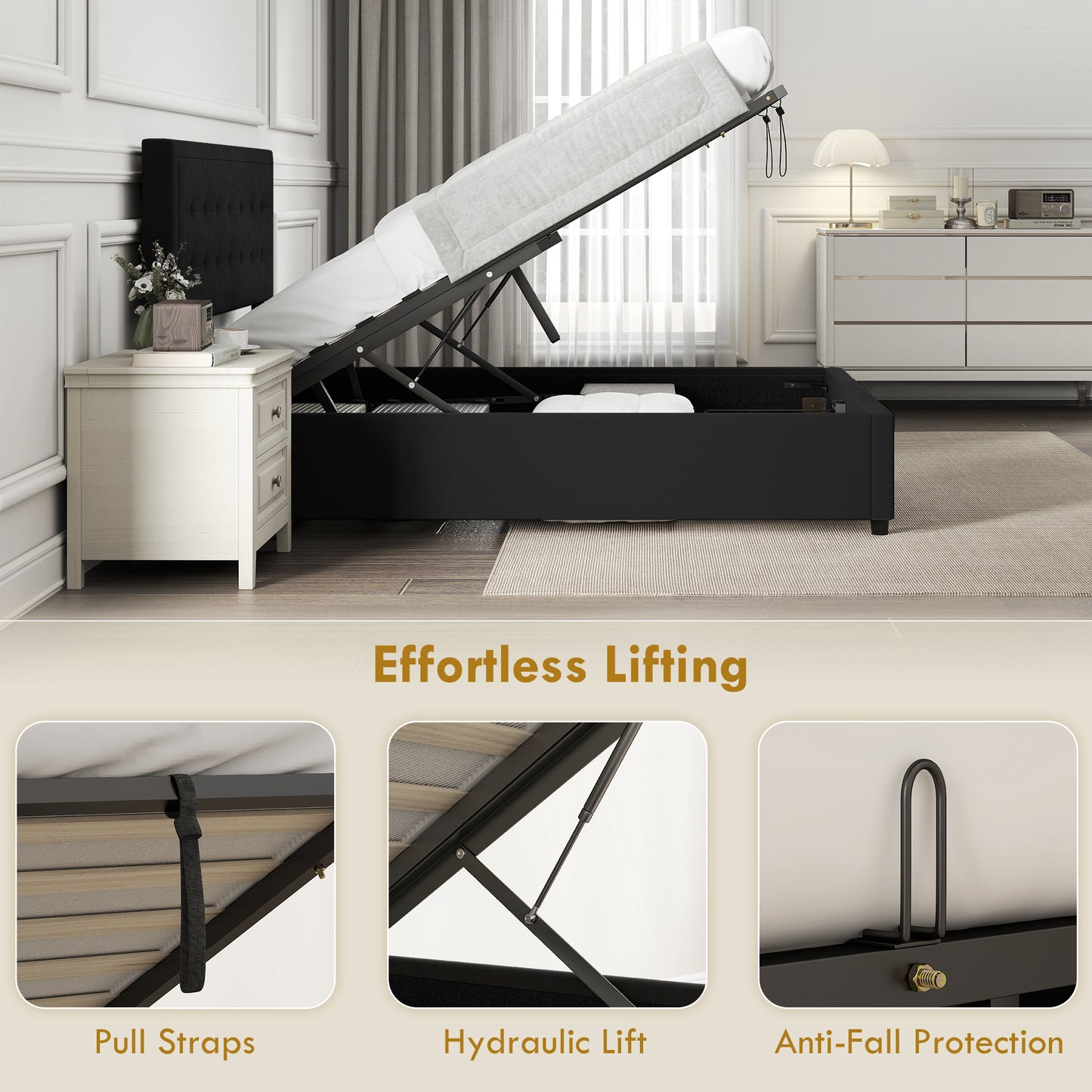HOMCOM Double Ottoman Bed Frame, with Front Drawer - Black-Beds & Bed Frames-ChewyGames-ChewyGames