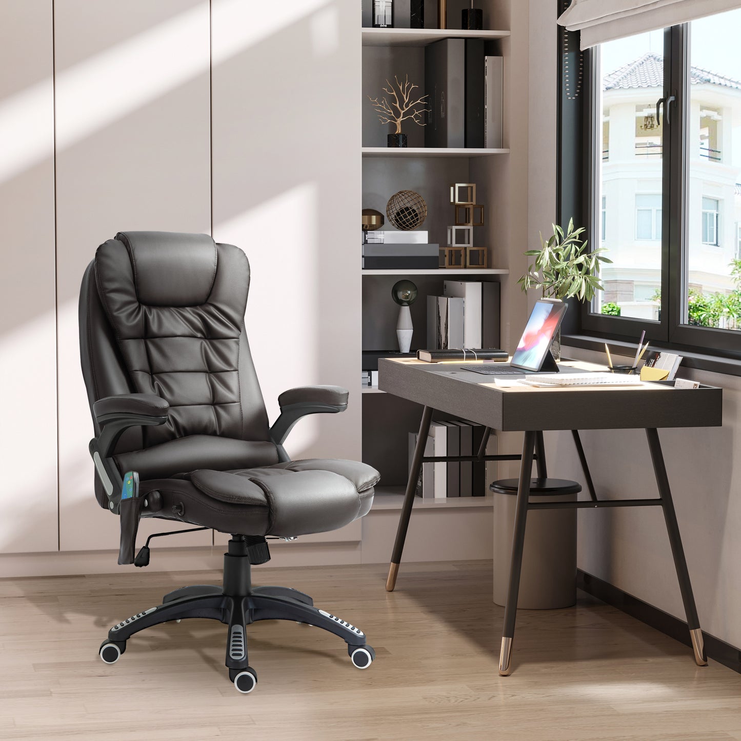 HOMCOM 6-Point Massage Office Chair with Seat Heated for Home Office, PU Leather High Back Executive Desk Chair with Adjustable Height and 360° Swivel for Work Study, Brown