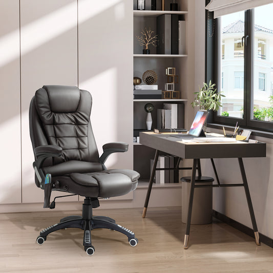HOMCOM 6-Point Massage Office Chair with Seat Heated for Home Office, PU Leather High Back Executive Desk Chair with Adjustable Height and 360° Swivel for Work Study, Brown