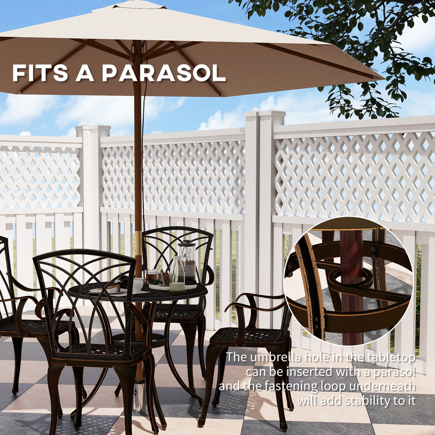 Outsunny 5 Pieces Garden Dining Set for 4, Cast Aluminium Outdoor Dining Set with 4 Armchairs and Round Dining Table with Parasol Hole, Garden Furniture Bistro Set, Bronze Tone