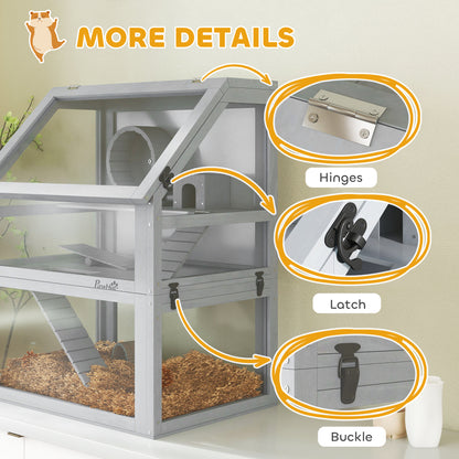 PawHut Wooden Hamster Cage with Detachable 32cm Deep Bottom, Hut, Seesaw, Exercise Wheel, Ramp, 60 x 40 x 75cm, Light Grey