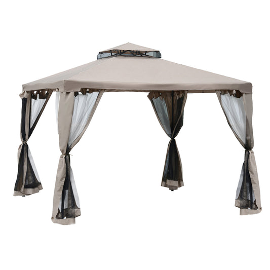 Outsunny Outdoor Gazebo, 2-tier Roof with Netting, 295L x 295W x 263Hcm-Taupe