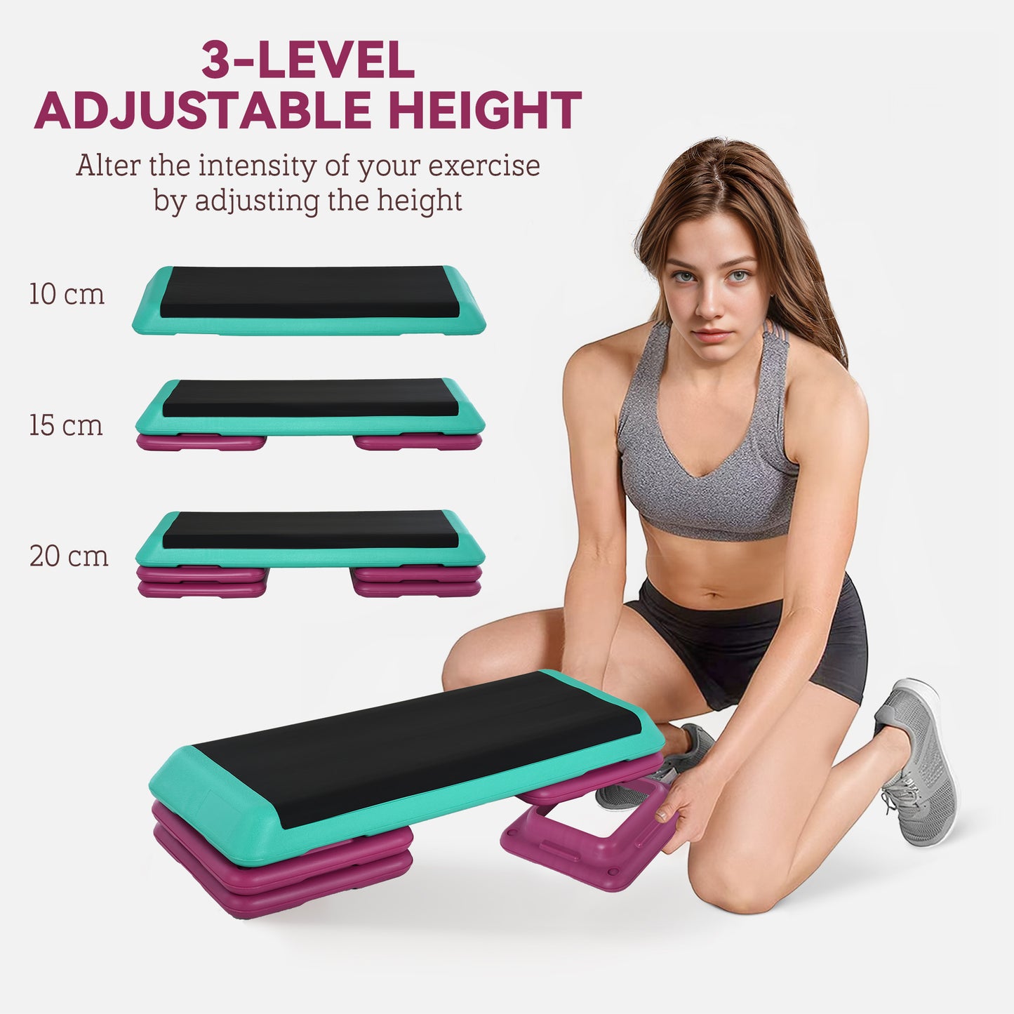 HOMCOM 3-Level Aerobic Step 10/15/20cm Steppers for Exercise Workout w/ Non-Slip Top Compact Stepper Home Office Indoor Outdoor Fitness Equipment--ChewyGames-ChewyGames
