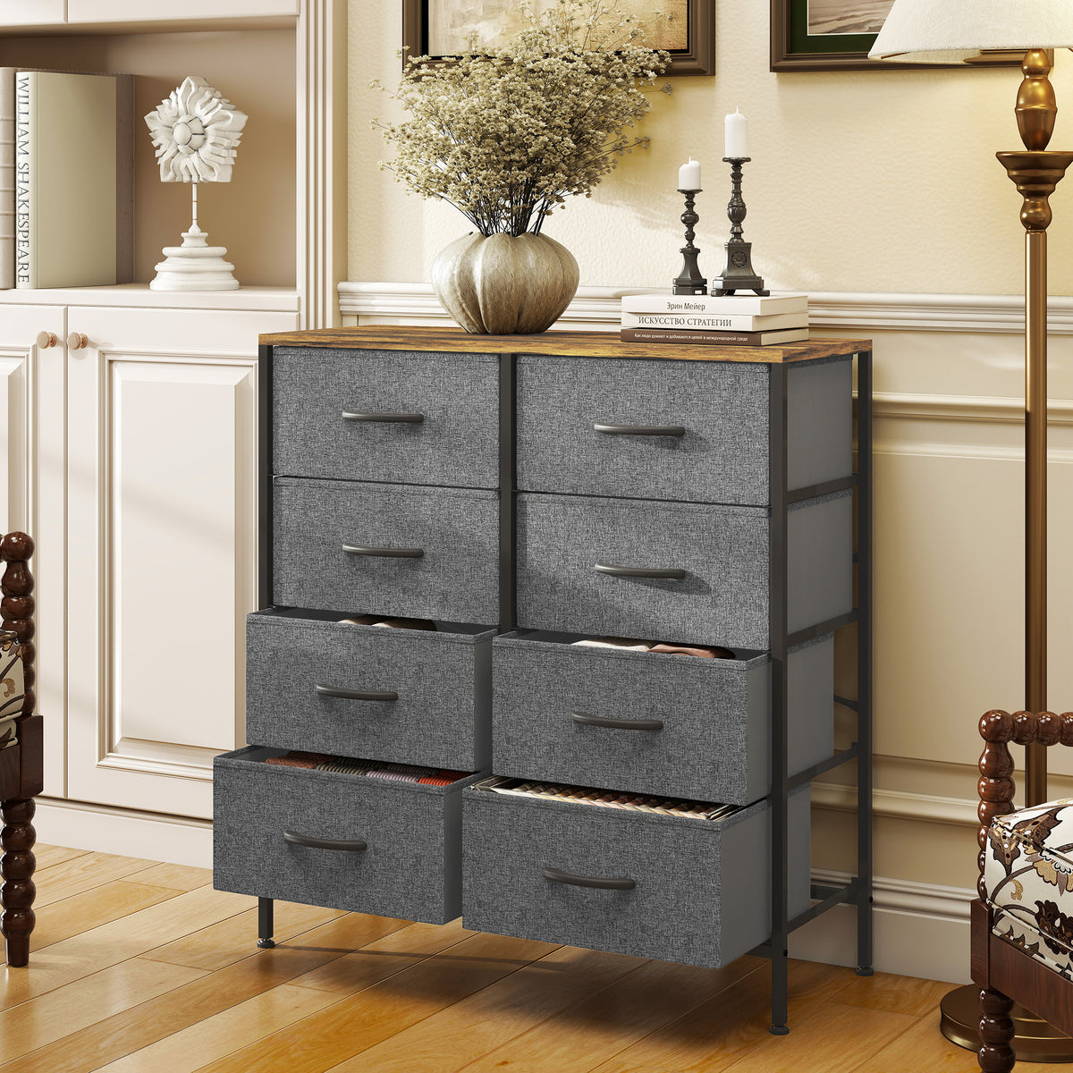 HOMCOM Fabric Chest of Drawers, Industrial Bedroom Dresser with 8 Fabric Drawers, Steel Frame and Wooden Top for Nursery, Living Room, Hallway, Rustic Brown and Grey-Dressers-ChewyGames-HOMCOM