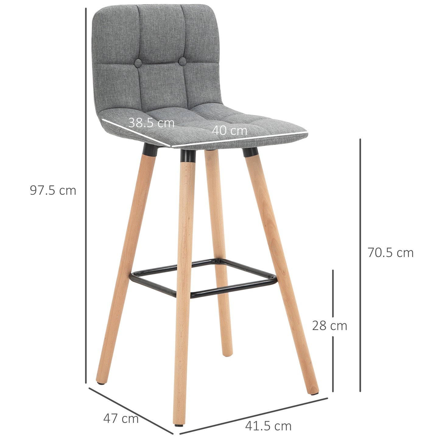 HOMCOM Breakfast Bar Stool Set of 2 Armless Button-Tufted Counter Height Bar Chairs with Wood Legs & Footrest, Grey