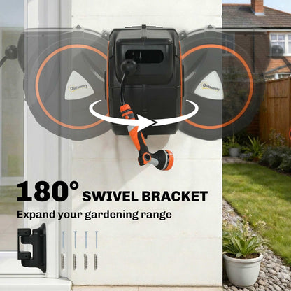 Outsunny 23+2m Retractable Hose Reel Wall Mounted with Auto Retraction, Self-Locking, Slow Return System, 12-Pattern Nozzles