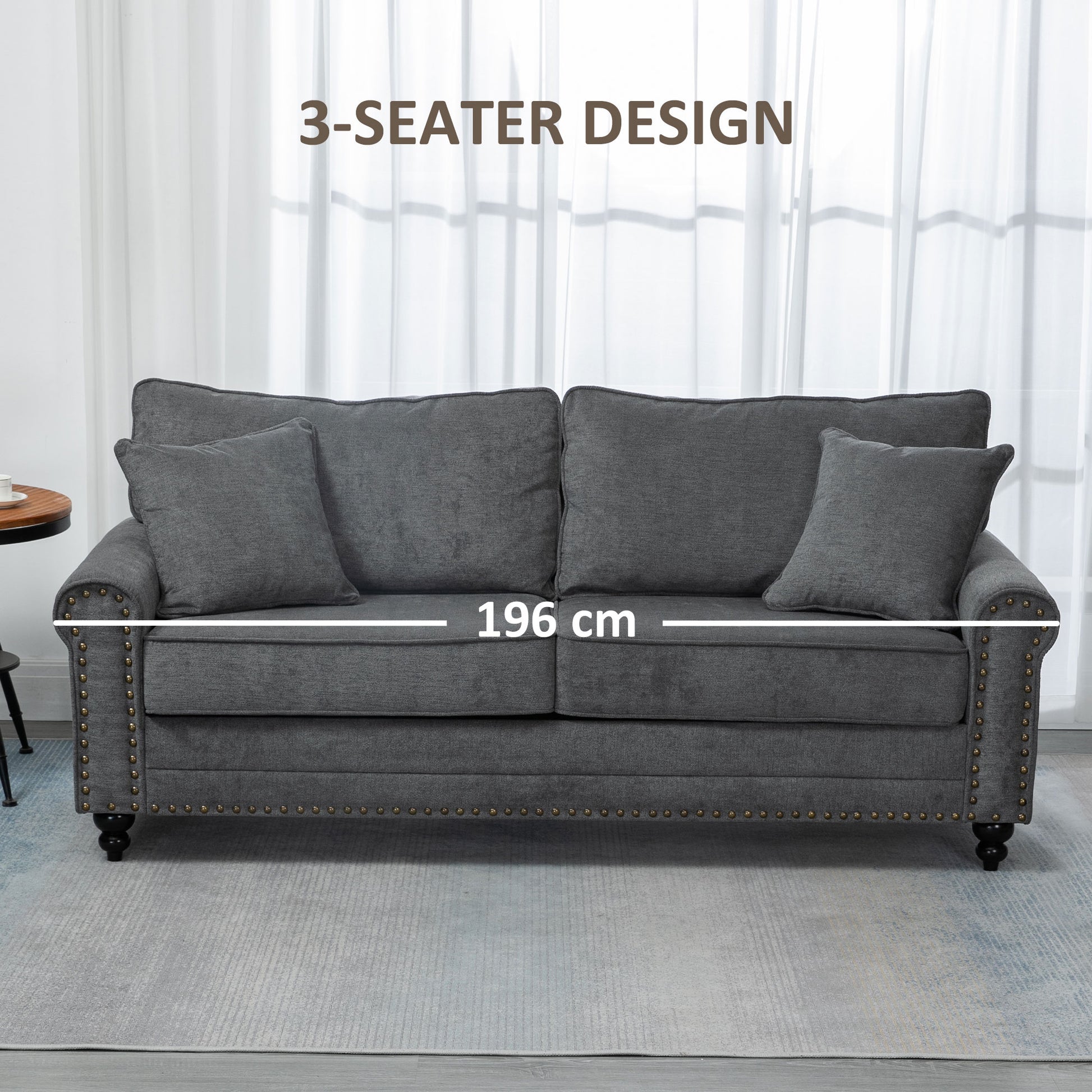 HOMCOM 196cm 3 Seater Sofa, Fabric Sofa with Rubber Wood Legs, Nailhead Trim, 2 Pillows, Small Upholstered Couch Settee for Living Room, Guest Room, Grey--ChewyGames-ChewyGames