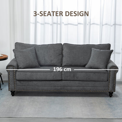 HOMCOM 196cm 3 Seater Sofa, Fabric Sofa with Rubber Wood Legs, Nailhead Trim, 2 Pillows, Small Upholstered Couch Settee for Living Room, Guest Room, Grey--ChewyGames-ChewyGames