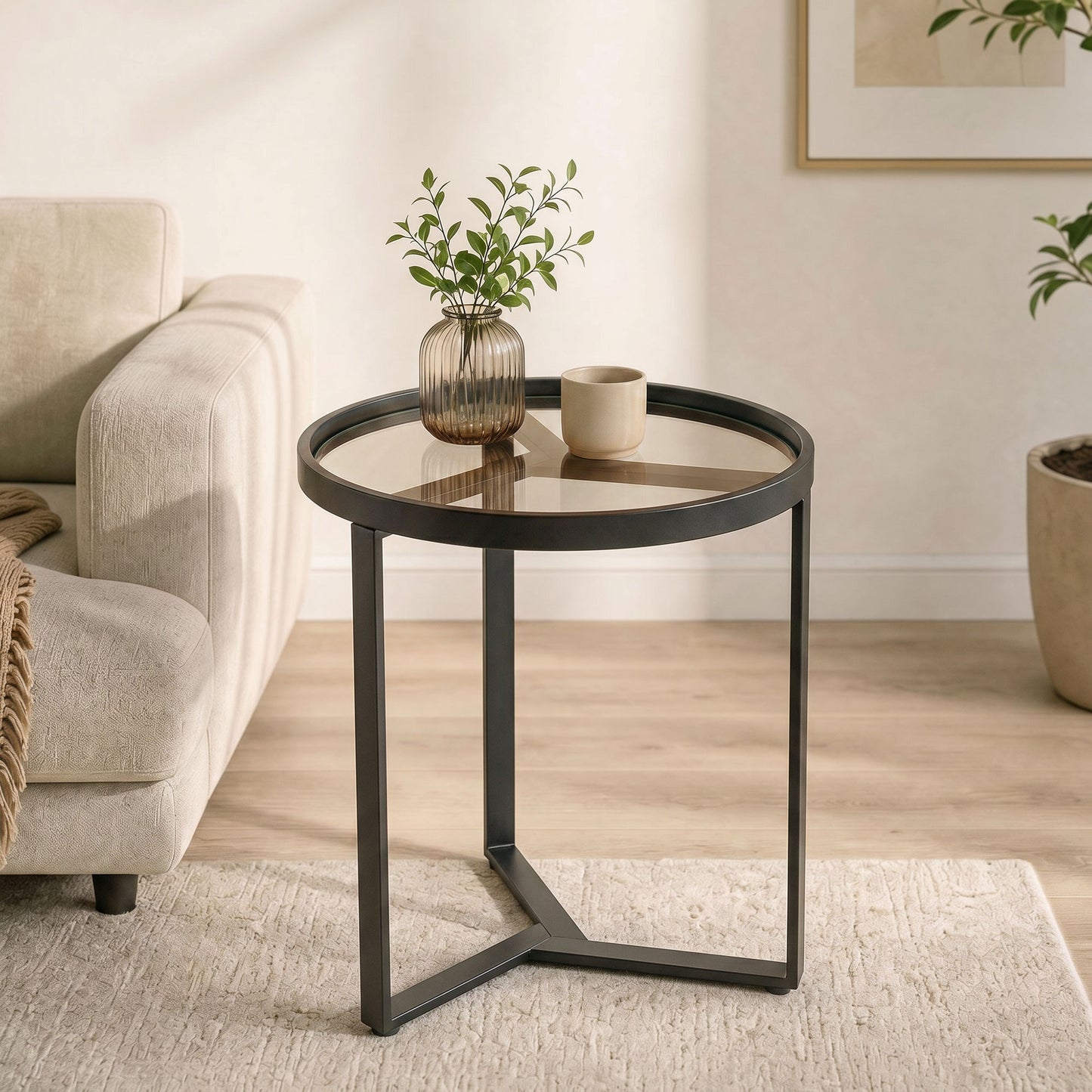 HOMCOM Round Side Table with Tempered Glass Top and Geometric Metal Frame for Small Space, Black