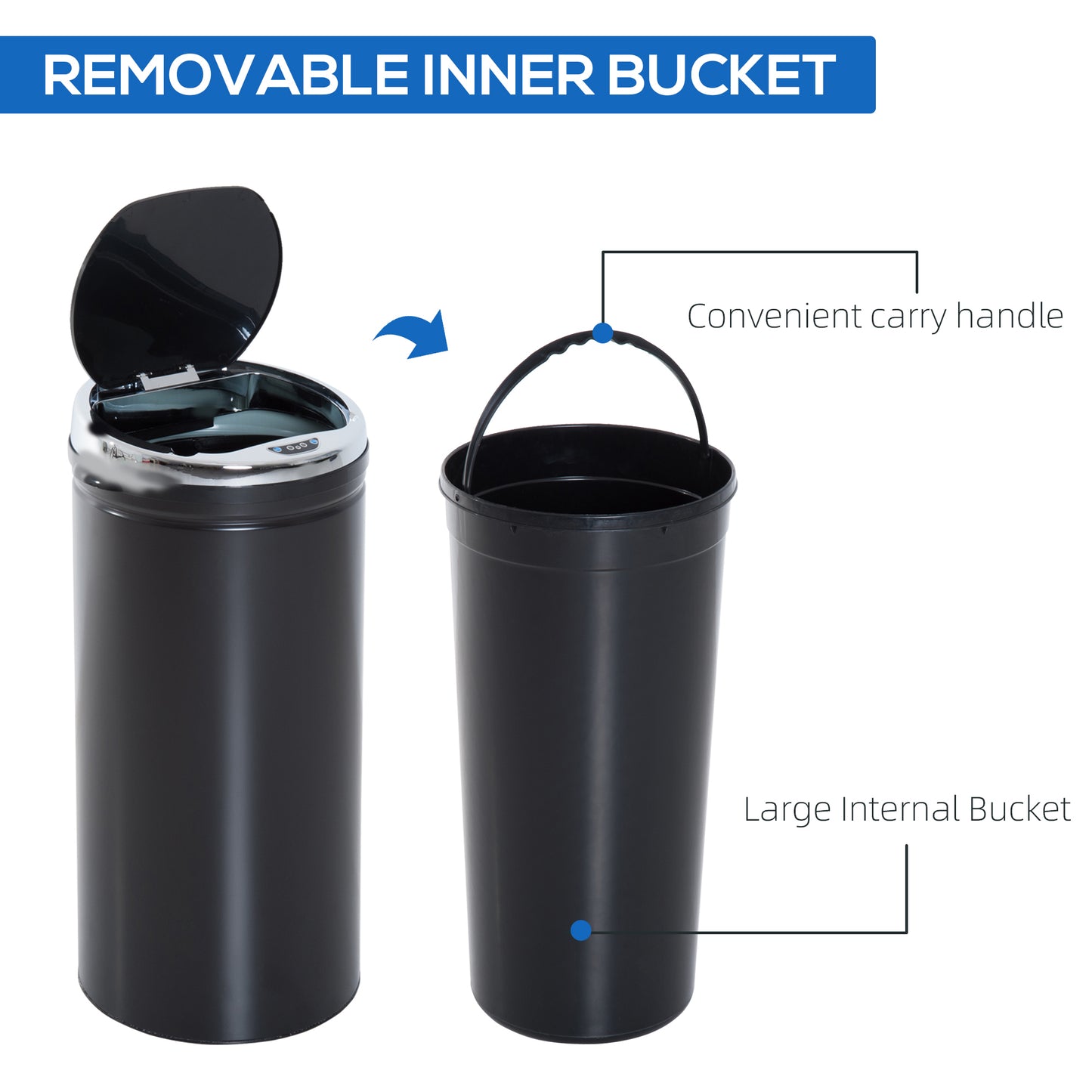 HOMCOM 42L Sensor Bin, Automatic Touchless Rubbish Bin with Soft-Close Lid, Fingerprint Resistant Stainless Steel for Kitchen, Home Office, Recycling and Waste, Black