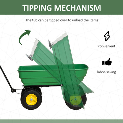 Outsunny 125 Litre Large Garden Cart, Heavy Duty 4 Wheel Trolley Dump Wheelbarrow Tipping Truck Trailer - Green