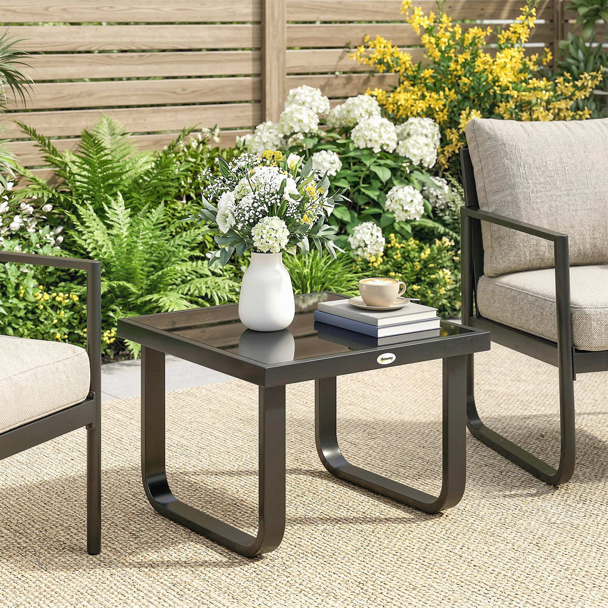 Outsunny Outdoor Garden Coffee Table, Rectangle Metal Side Table with Tempered Glass Tabletop, Adjustable Foot Pads-Coffee Tables-ChewyGames-ChewyGames