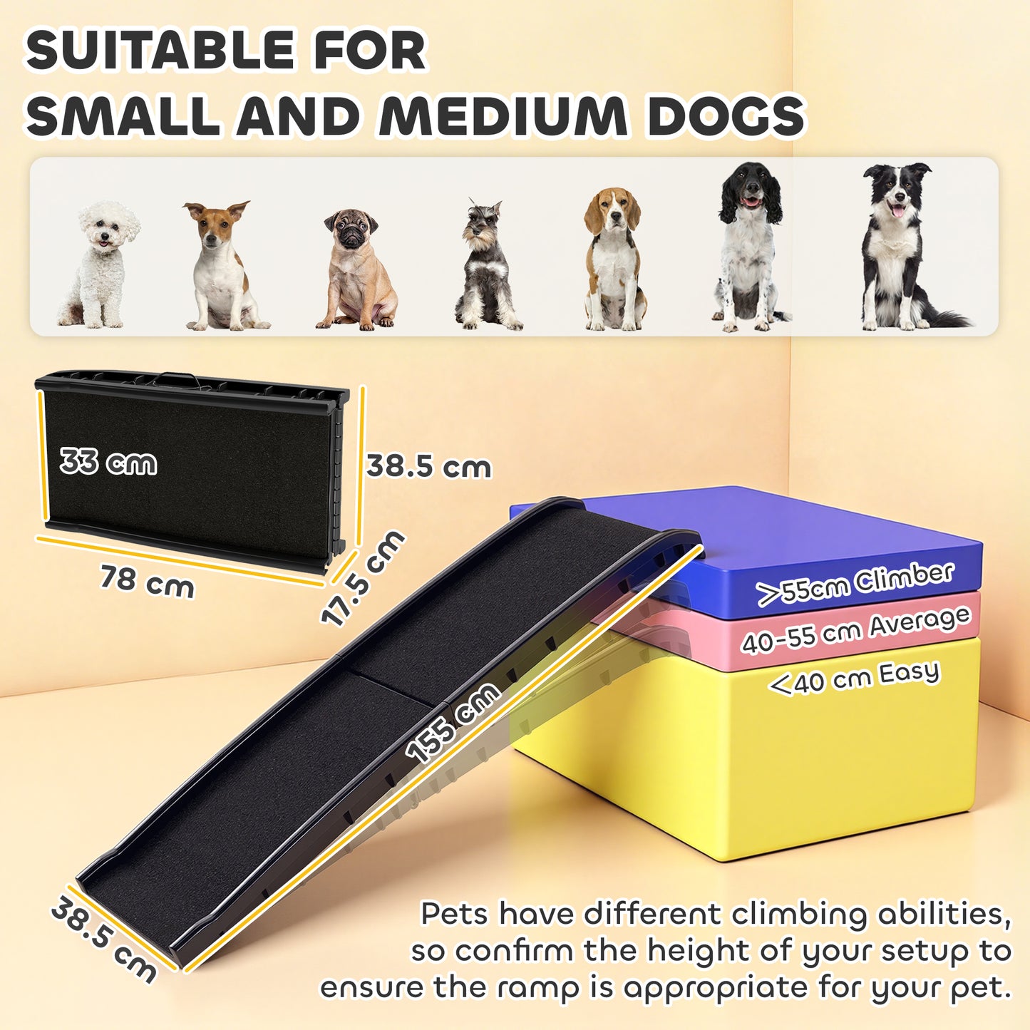 PawHut Foldable Dog Ramp with Frosted Anti-slip Surface, Portable & Lightweight, for Cars, Home, 155 x 38.5 x 15.5 cm