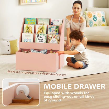 AIYAPLAY Bookcase for Kids with Shelves, Drawer, Bookcase for Bedroom, Playroom, Pink