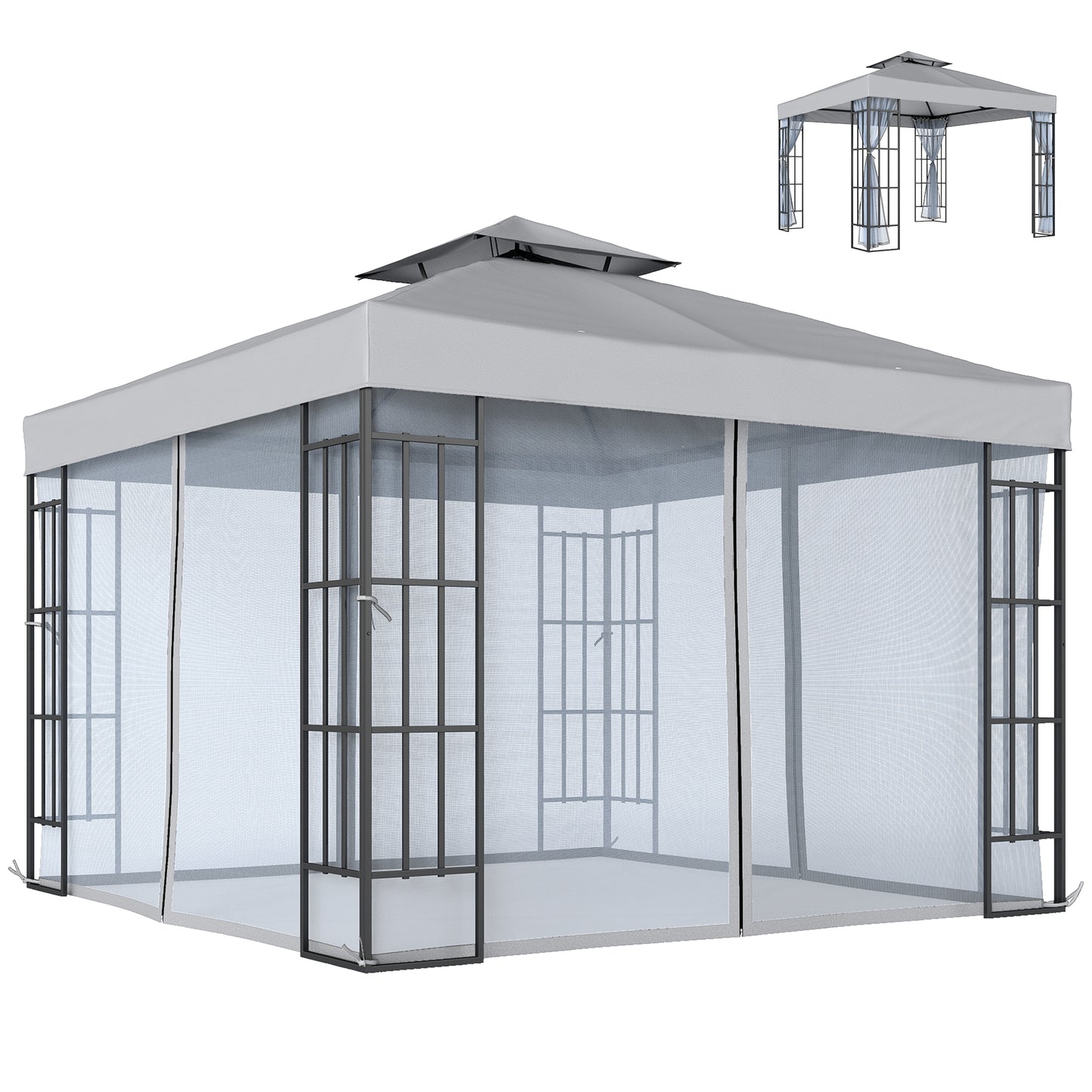 Outsunny 3 x 3(m) Patio Gazebo Canopy Garden Pavilion Tent Shelter with 2 Tier Roof and Mosquito Netting, Light Grey--ChewyGames-ChewyGames
