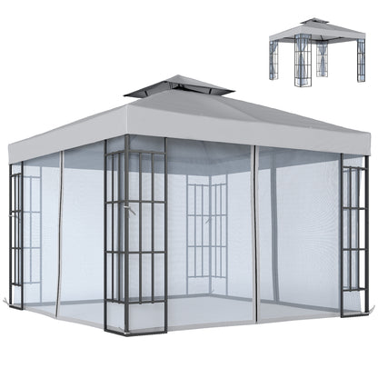 Outsunny 3 x 3(m) Patio Gazebo Canopy Garden Pavilion Tent Shelter with 2 Tier Roof and Mosquito Netting, Light Grey--ChewyGames-ChewyGames