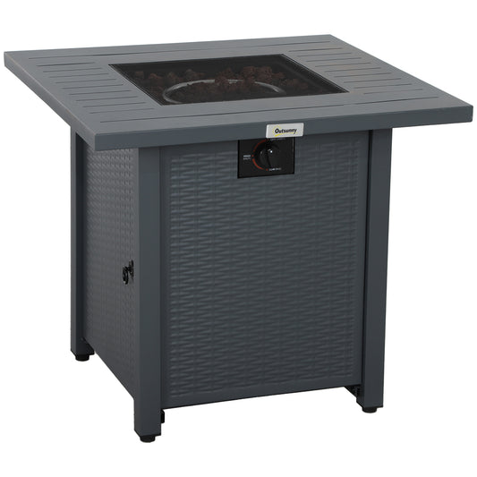 Outsunny Rattan-style Propane Gas Fire Pit Table with 40,000 BTU Burner, Square Smokeless Firepit Patio Heater with Thermocouple, Lava Rocks, Waterproof Cover, Spark Guard and Lid, Grey