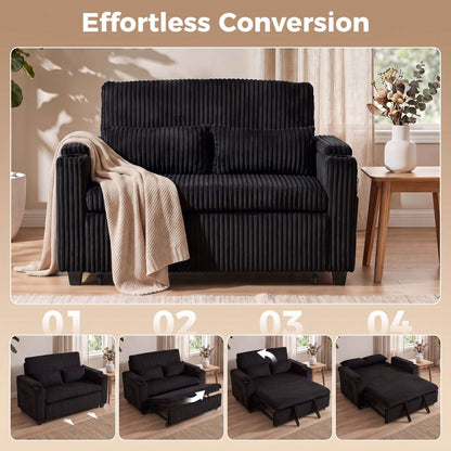 HOMCOM 2 Seater Sofa Bed, Pull Out Sleeper Sofa w/ Adjustable Backrest, Storage Armrests, Cup Holders, Side Pockets, Black