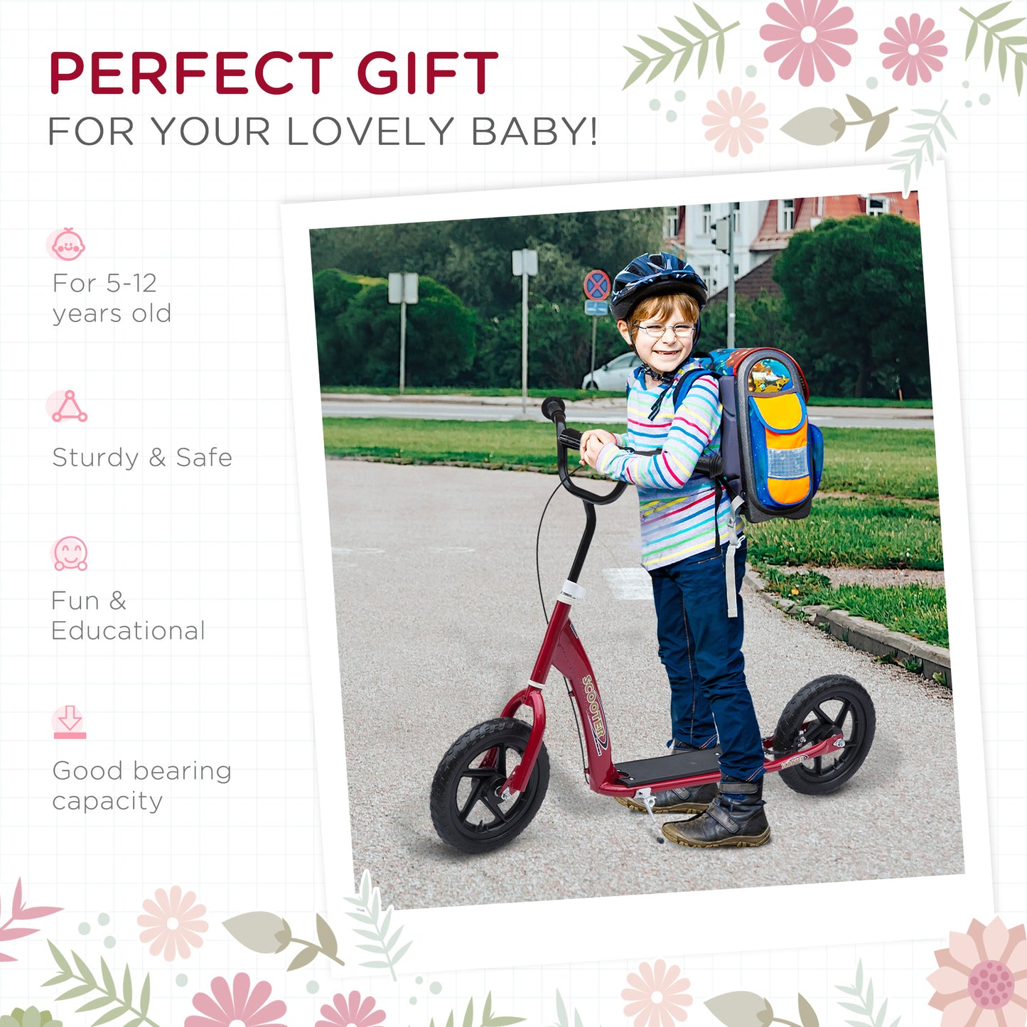 HOMCOM Kids Scooter Kick Scooter, with 12" EVA Tyres, Rear Brake, Big Wheels Scooter for 5-12 Years , Red