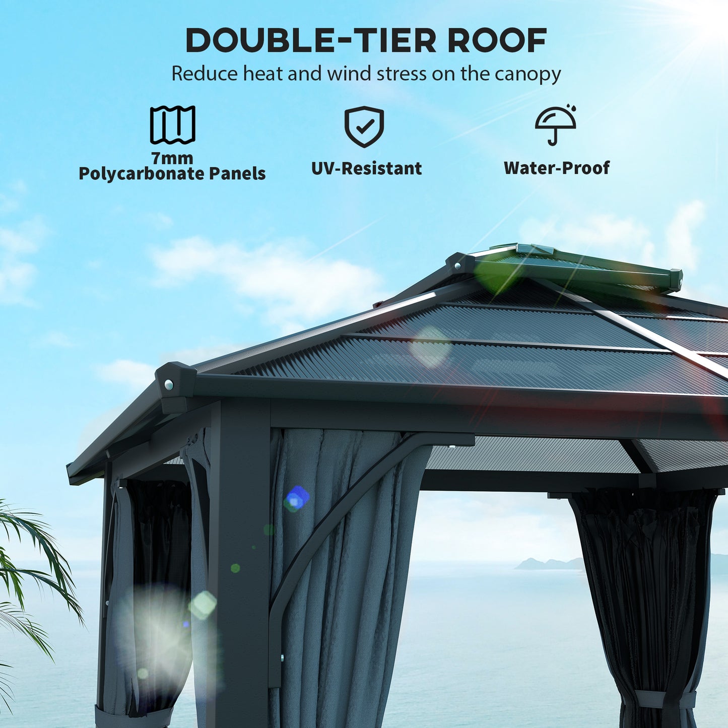 Outsunny 3 x 3(m) Hardtop Gazebo Canopy with 7mm Polycarbonate Double-Tier Roof, Garden Gazebo Permanent Pavilion with Mosquito Netting and Curtains for Patio, Terrace, Dark Grey