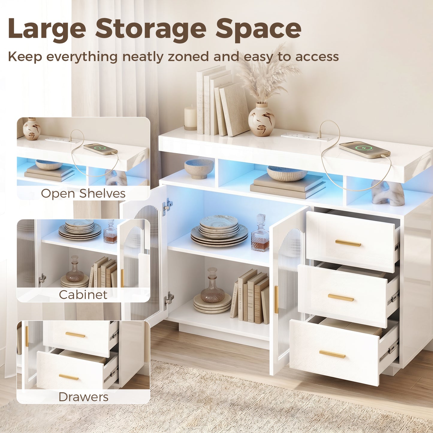 HOMCOM High Gloss Sideboard with LED Lights, Built-in Power Outlets, 3 Drawers, Shelves and 2 Acrylic Doors, White