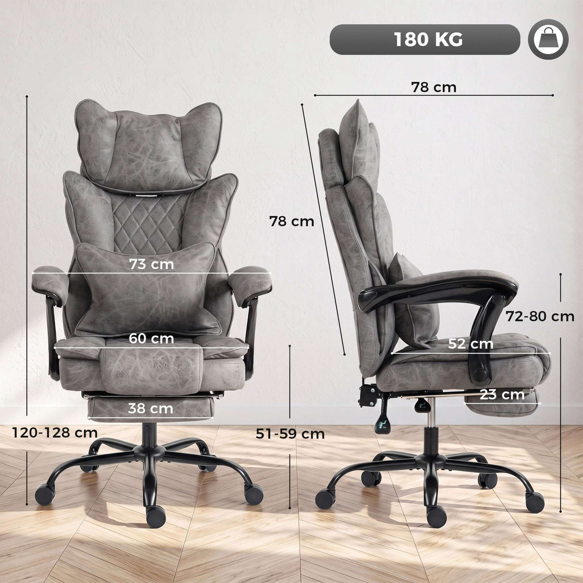 HOMCOM Executive Office Chair, Leathaire Big and Tall Office Chair 180 kg with Wide Seat, Reclining, Lumbar Support, Grey