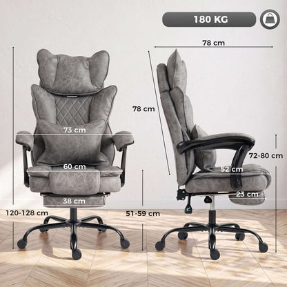 HOMCOM Executive Office Chair, Leathaire Big and Tall Office Chair 180 kg with Wide Seat, Reclining, Lumbar Support, Grey