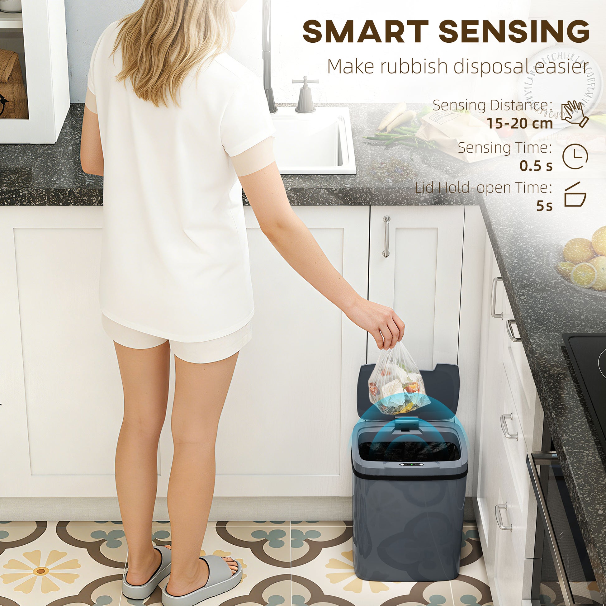 HOMCOM 15L Sensor Bin, Automatic Touchless Kitchen Bin, Easy Clean, Battery Operated for Home Office, Bedroom, Bathroom, Grey--ChewyGames-ChewyGames