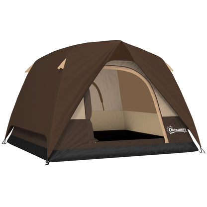 Outsunny 3-4 Person Camping Tent, Easy Set Up 3-4 Man Tent w/ Sewn-in Groundsheet, Waterproof Dome Tent w/ Mesh Windows, Brown