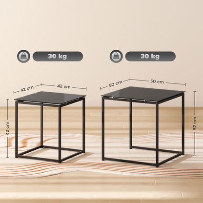 HOMCOM Nest of Tables, Set of 2 Coffee Table, Side Tables with Tempered Glass Desktop and Metal Frame for Living Room, Bedroom, Office, Black