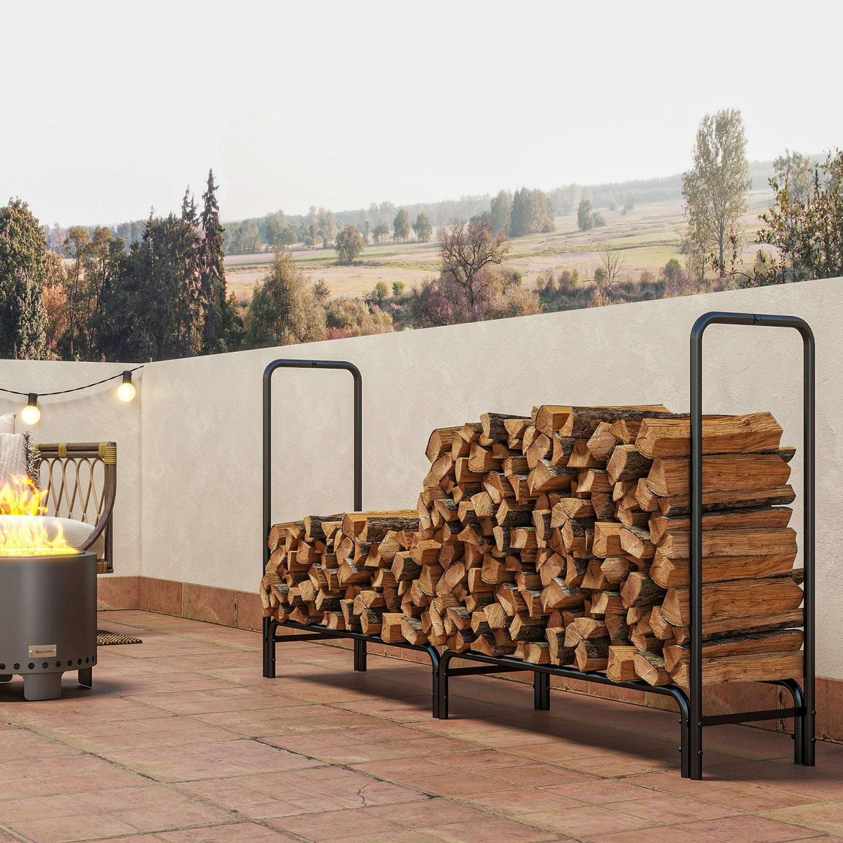 Outsunny Firewood Rack with Waterproof Cover, Heavy Duty Metal Log Store Indoors, Log Storage Holder for Outdoor Indoor Fireplace, 200 x 36 x 99 cm, Dark Green
