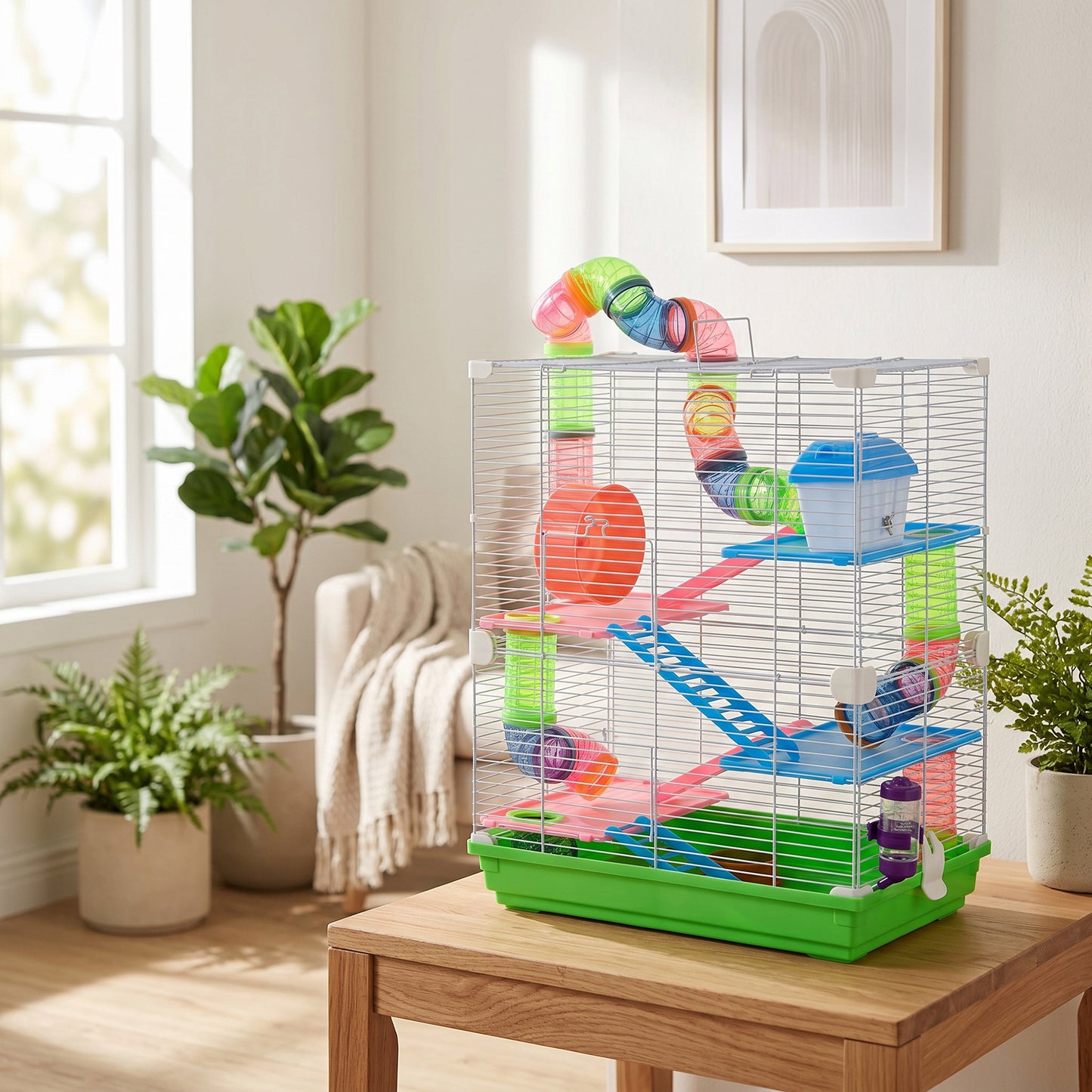 PawHut 5 Tier Hamster Cage Carrier Habitat w/ Exercise Wheels, Tunnel, Green
