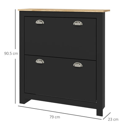 HOMCOM 2 Drawer Shoe Cabinet Modern Narrow Shoe Cupboard Hallway Wooden Storage Organiser with Flip Doors Adjustable Shelf for 6-12 Pairs, Black