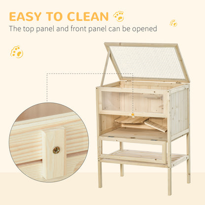 PawHut Wooden Hamster Cage with Storage Shelf, Small Animal Exercise Play House with Openable Top, Ramp for Gerbils, Drawf Hamsters, 60 x 40 x 80 cm - Natural