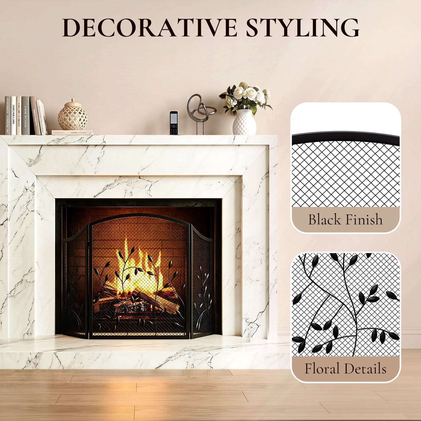 HOMCOM 3-Panel Folding Fireplace Screen for Hearth Protection, Heat-Resistant Metal Fire Spark Guard, Black