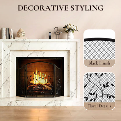 HOMCOM 3-Panel Folding Fireplace Screen for Hearth Protection, Heat-Resistant Metal Fire Spark Guard, Black