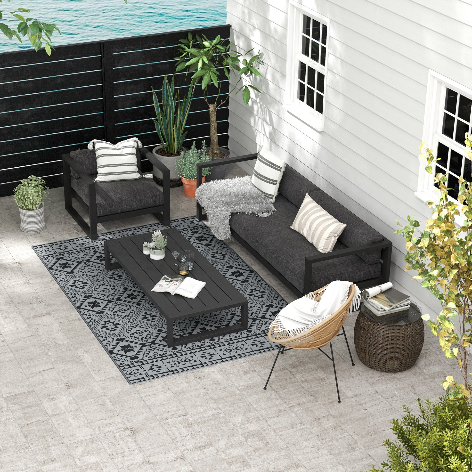 Outsunny 182 x 274cm Reversible Patterned Outdoor Rug, with Bag - Black/Grey--ChewyGames-ChewyGames