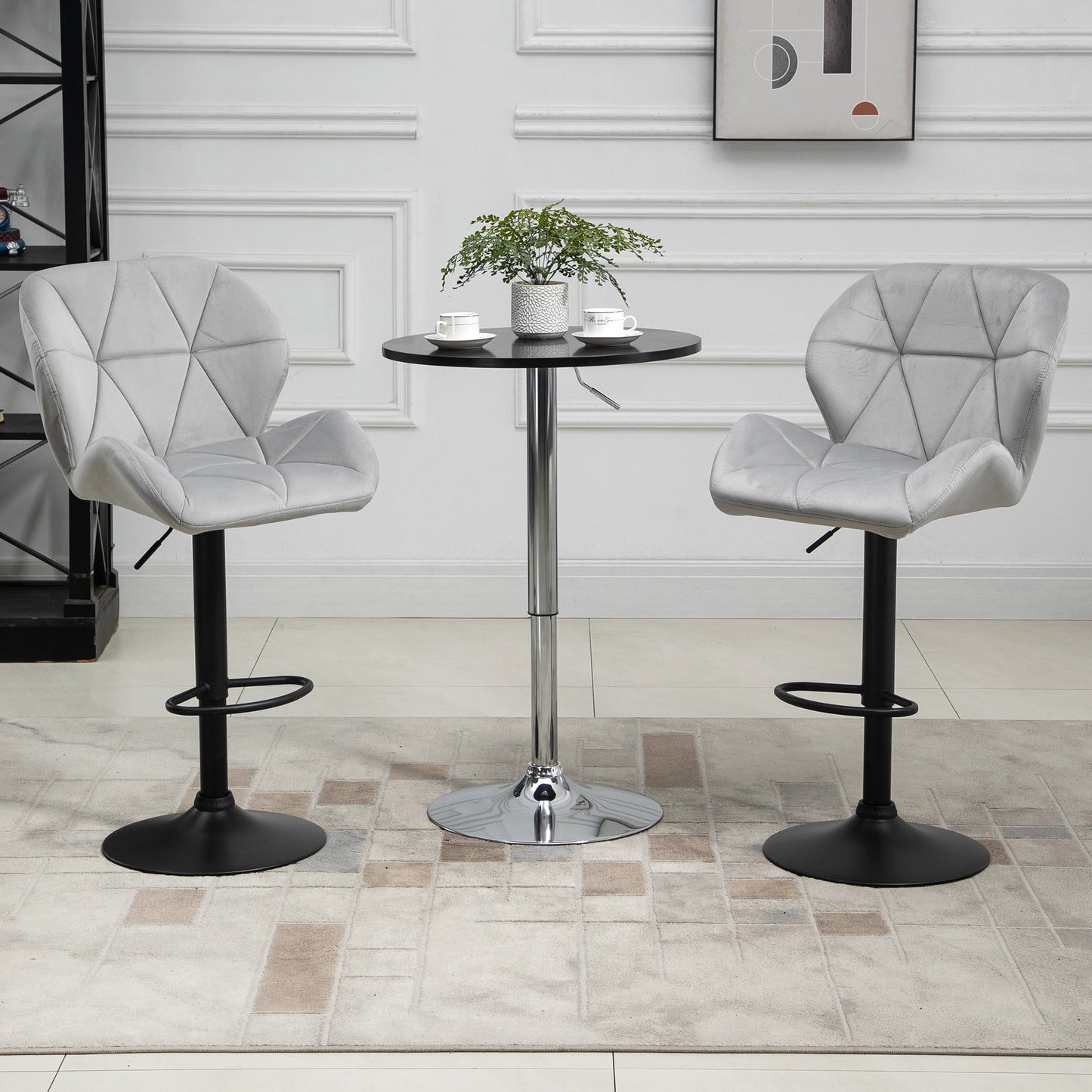 HOMCOM Bar Stools Set Of 2, Luxurious Velvet-Touch Barstools with Metal Frame Footrest Round Base Triangle Indenting Moulded Seat Adjustable Height Swivel Light Grey
