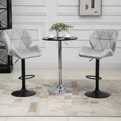 HOMCOM Bar Stools Set Of 2, Luxurious Velvet-Touch Barstools with Metal Frame Footrest Round Base Triangle Indenting Moulded Seat Adjustable Height Swivel Light Grey