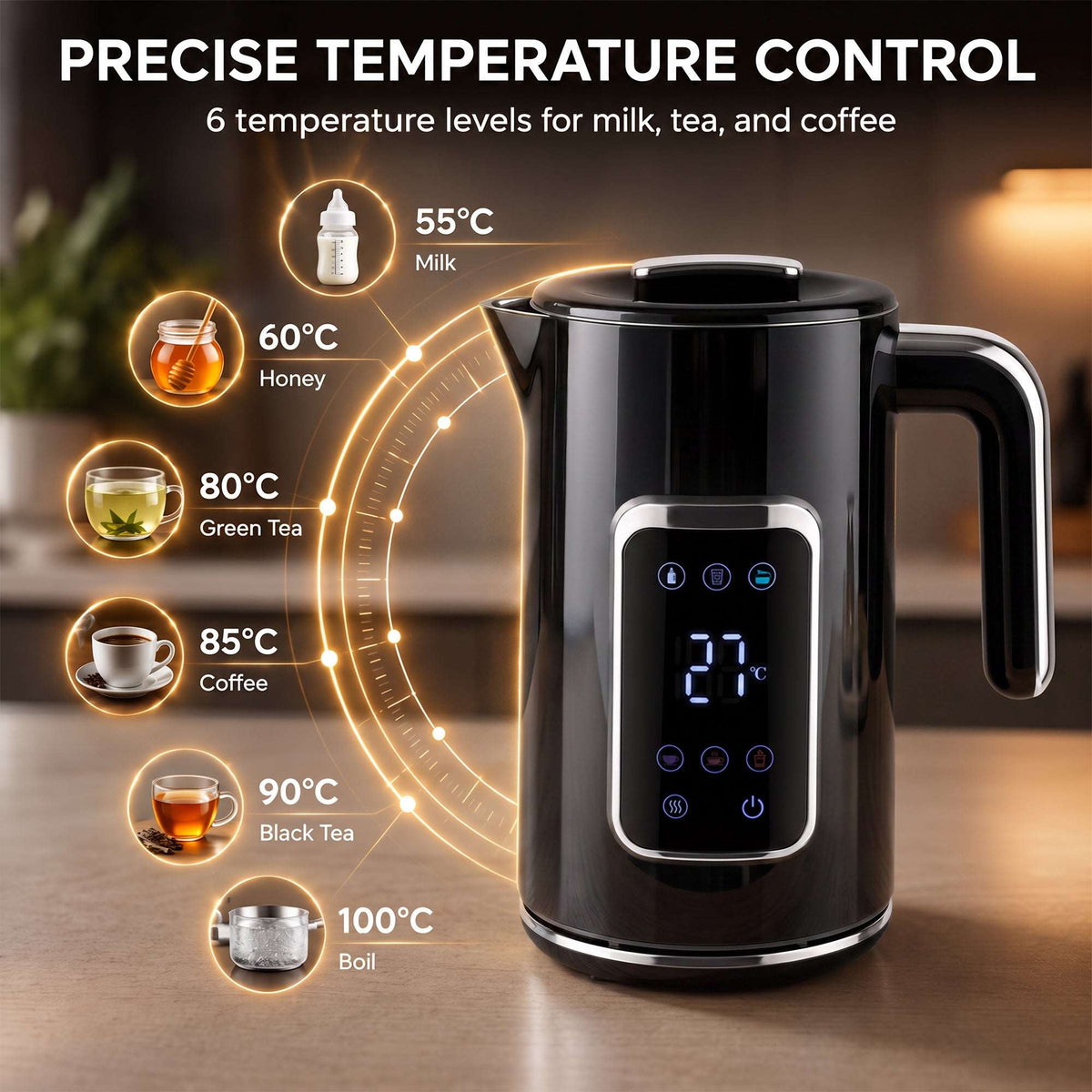 HOMCOM Electric Kettle, 1.7L Fast Boil 3000W Water Kettle with LED Display, Adjustable Temperature, Keep Warm Function, Black