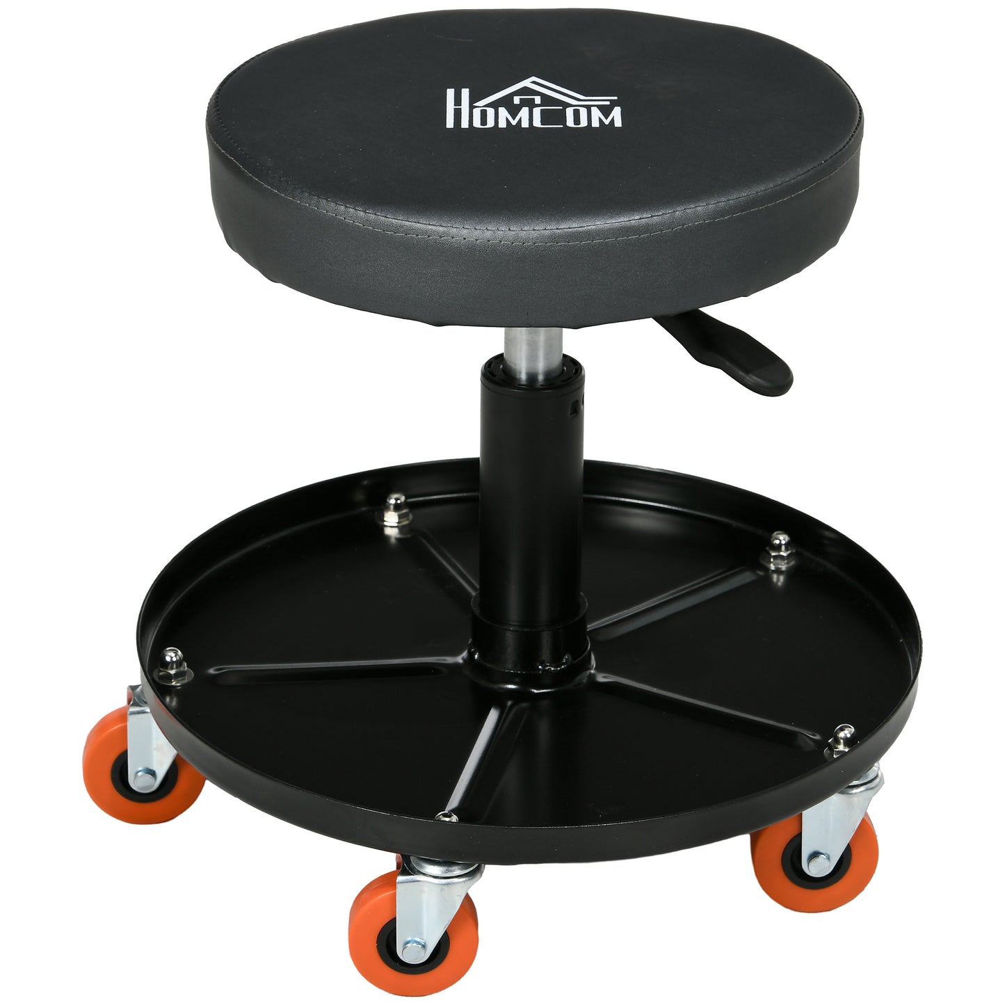 HOMCOM Rolling Mechanical Stool, Pneumatic Adjustable Workshop Stool with Tool Tray, Wheels - Black