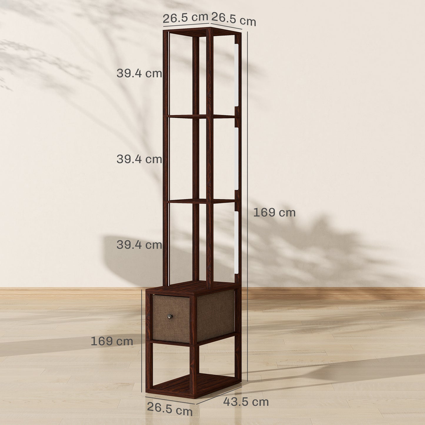 HOMCOM Floor Lamp with Shelves, LED Column Modern Standing Lamp with Fabric Drawer, Adjustable Brightness, Foot Switch for Living Room, Bedroom, Office, Dark Brown