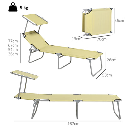 Outsunny Folding Sun Lounger Set of 2 with Canopy, Reclining Sunbed with 4-Position Adjustable Backrest, 600D Oxford Cloth, Portable Garden Lounger Recliner Chair for Beach, Camping, Patio, Beige