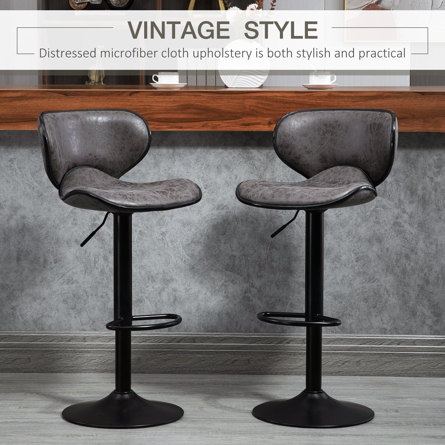 HOMCOM Kitchen Stools Set of 2  61-81cm Sitting Height Leather Upholstered Bar Chairs, Dark Grey