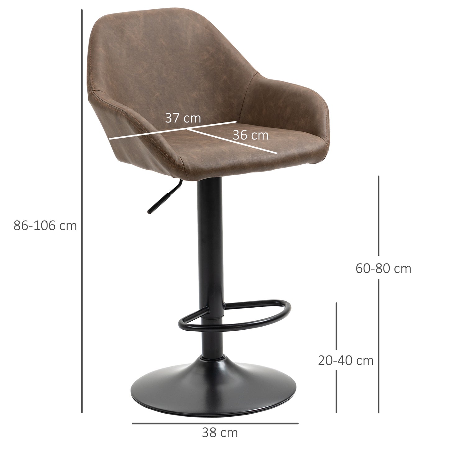 HOMCOM Bar Stools Set of 2, Height Adjustable Swivel Barstools, PU Leather Kitchen Stools with Backs, Armrests and Footrest for Home, Counter and Dining Room, Dark Brown