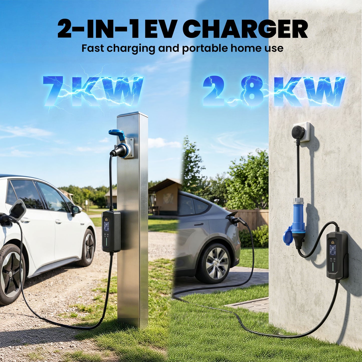 HOMCOM EV Charger 7kW Type 2 to CEE 32A Plug with UK Adapter, 10 m, 6-32A, Electric Car Charger w/ 1-12 h Time Delay