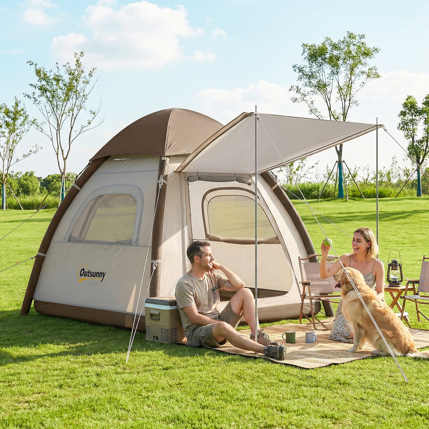 Outsunny Inflatable Camping Tent with Rainfly, 3 Man Air Tent 3000mm Waterproof Blow Up Tents, Cream